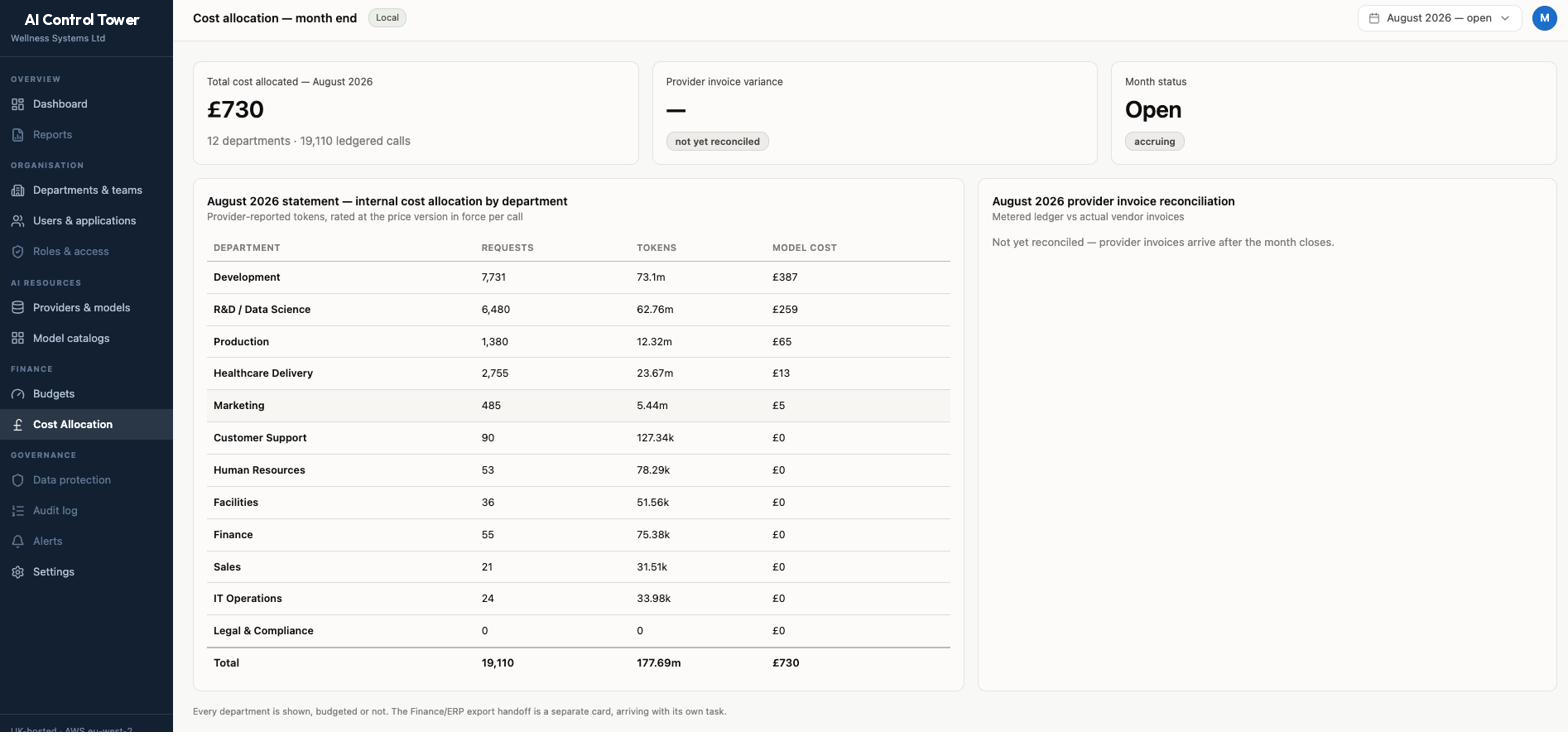 Cost allocation month-end screen with per-department statement and provider invoice reconciliation